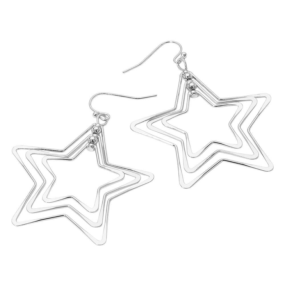 Sensibling Corp. Layered Open Metal Star Dangle Earrings – lead & nickel compliant, fish hook back, Gold and Silver