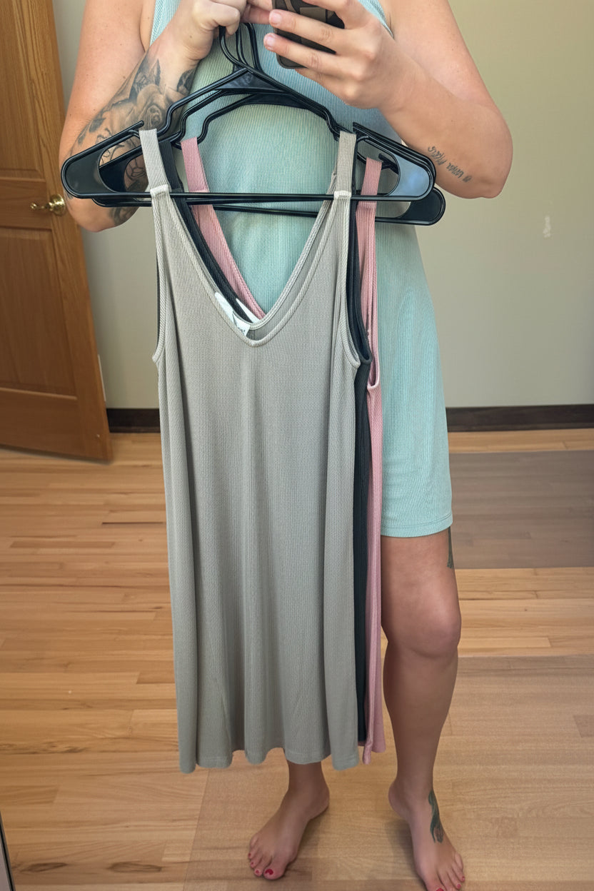 Be Cool Ribbed V-Neck Knit Mini Dress in Grey Brown
