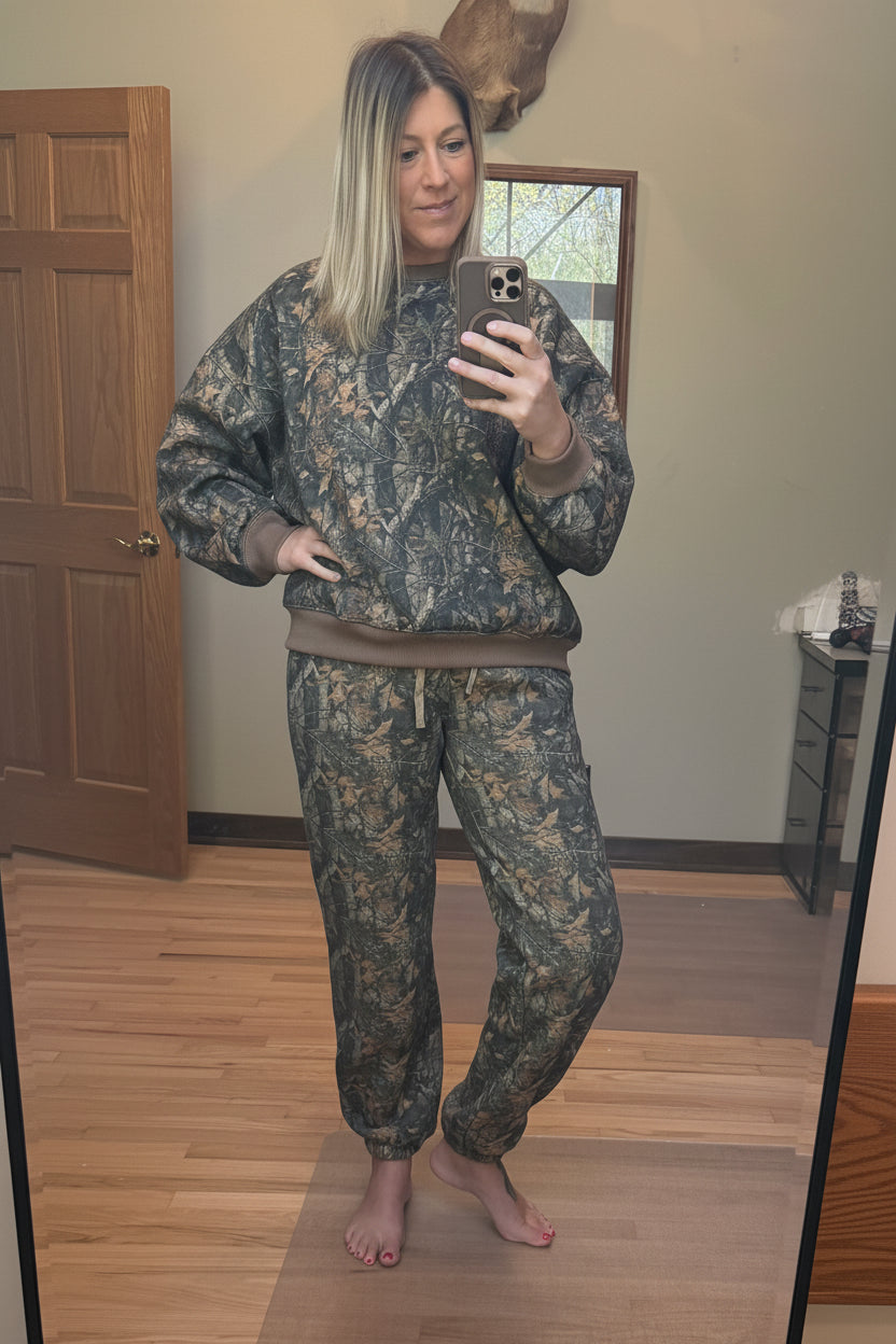 TICTOC Bayou Woodland Camo Fleece Jogger Tapered Sweatpants in Dark Camo | 2 Generations Boutique