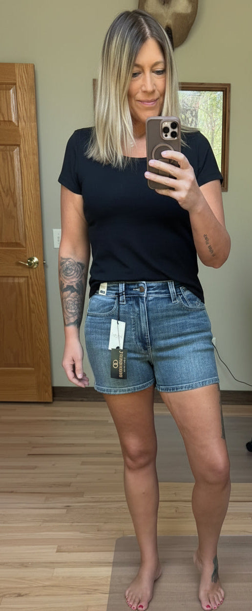 Judy Blue High Waist Slim Denim Shorts in Dark Wash | 2 Generations Boutique
