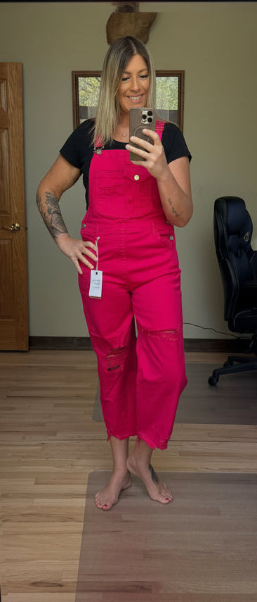 Risen High Rise Distressed Denim Overalls in Fuchsia | 2 Generations Boutique