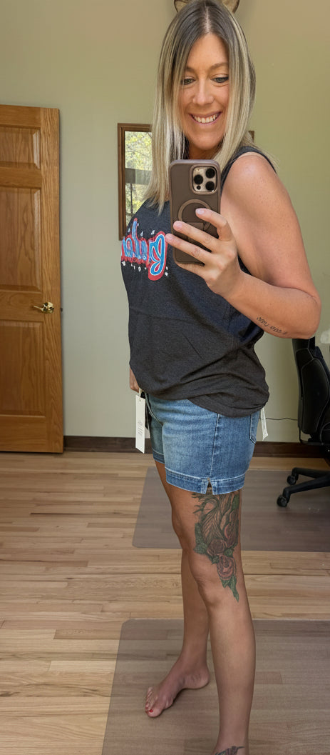 Risen High Rise Side Slit Denim Shorts in Dark Wash | 2 Generations Boutique