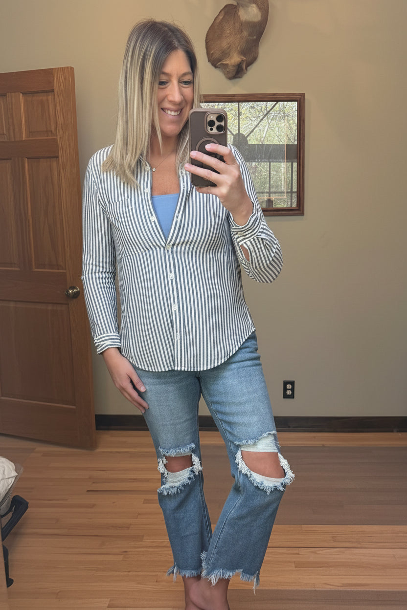 Be Cool Striped Long Sleeve Collared Button-Up Shirt in Denim Blue
