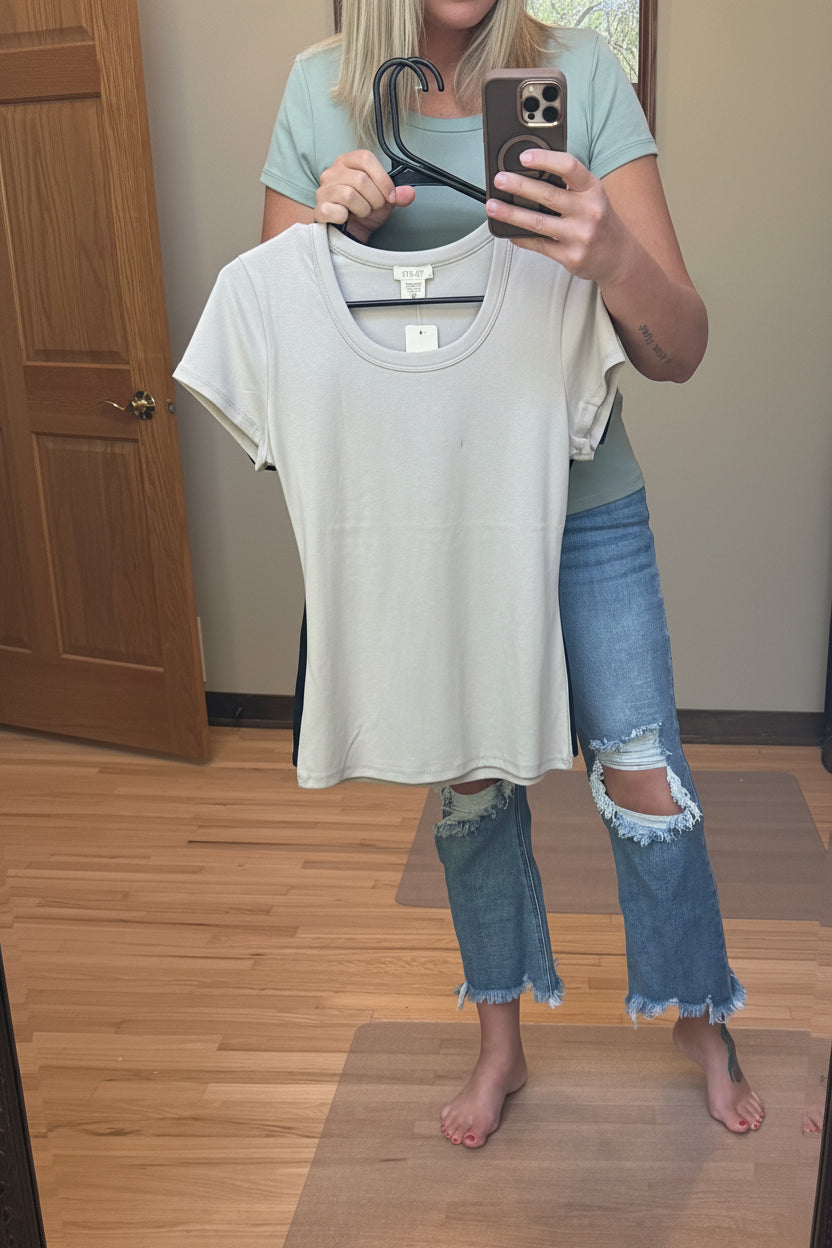 Yelete Women's Cotton Rib U-Neck Short Sleeve T-Shirt in Light Mocha