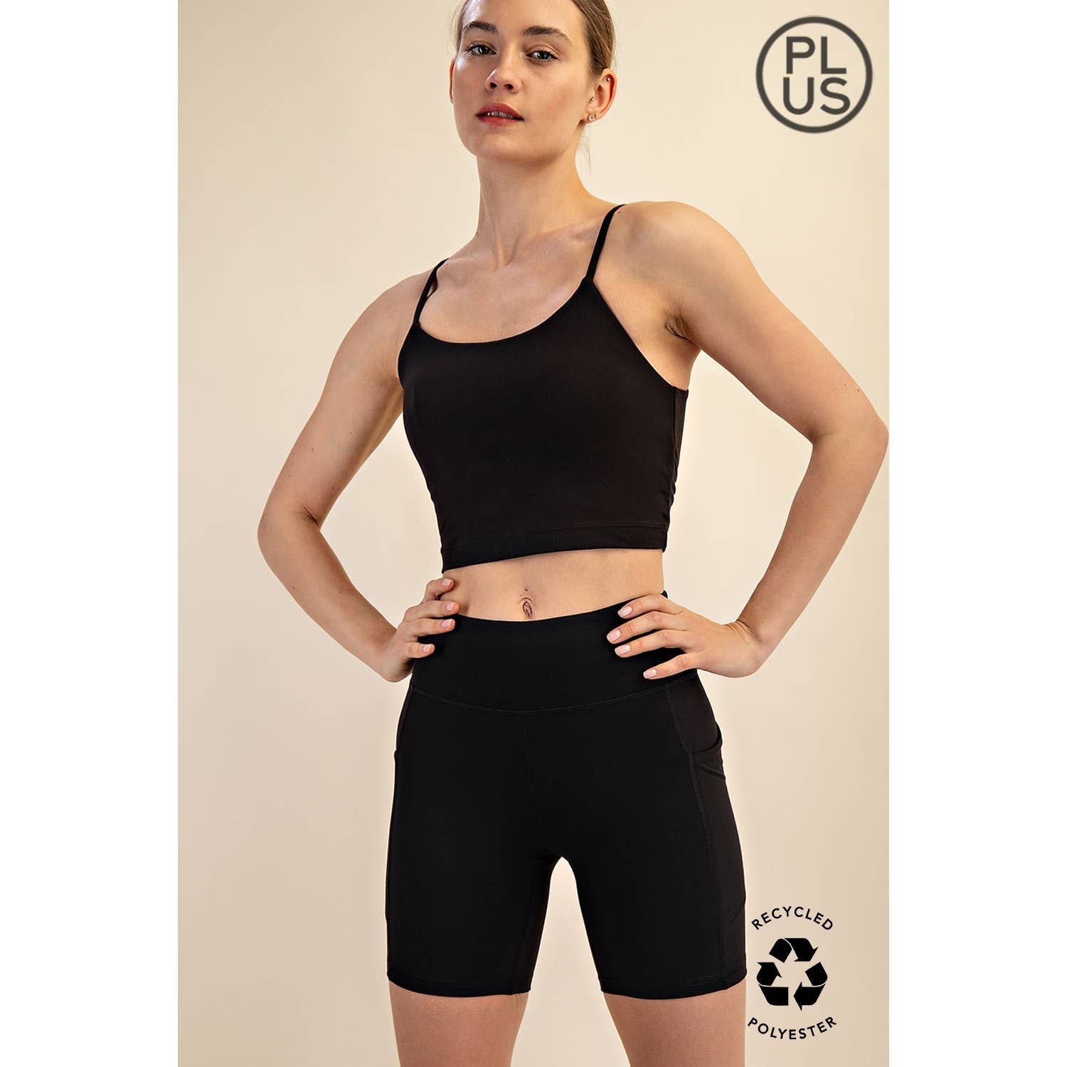 Rae Mode Butter Soft Plus Size Biker Shorts in Black – high rise, 6" inseam, side pocket, sizes 1X-3X