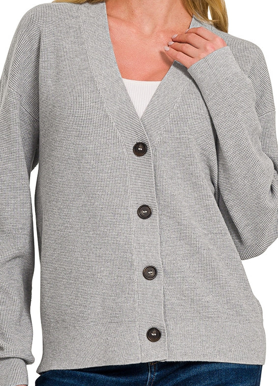 Heather Grey Drop Shoulder Button Front Viscose Cardigan – 2 Generations Boutique