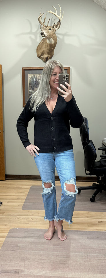 Black Drop Shoulder Button Front Viscose Cardigan – 2 Generations Boutique