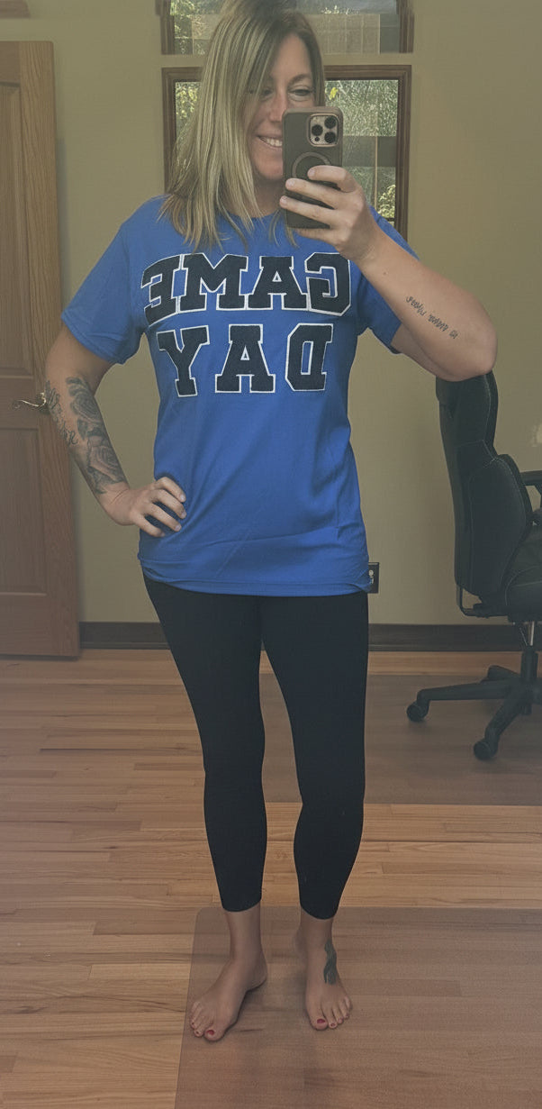 Royal Blue GAMEDAY Chenille T-Shirt – elevated chenille lettering on a soft Gildan tee, modeled by Brooke in a Small