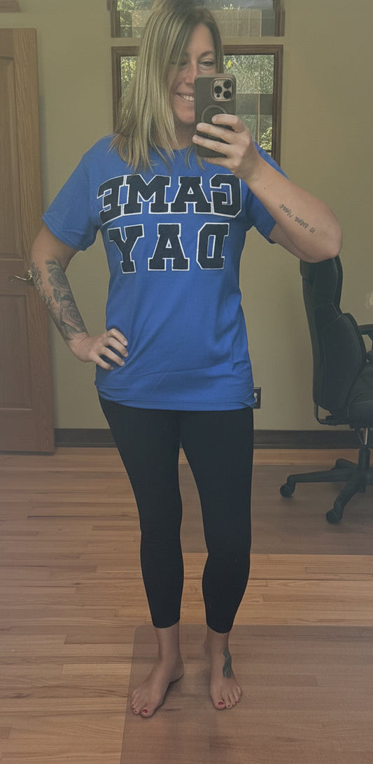 Royal Blue GAMEDAY Chenille T-Shirt – elevated chenille lettering on a soft Gildan tee, modeled by Brooke in a Small