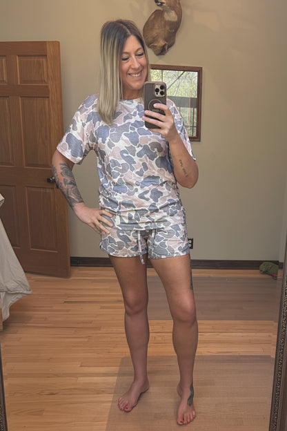 High Waist Camouflage Short Set in Gray - Front View | 2 Generations Boutique
