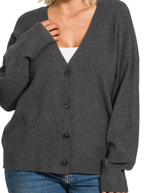 Charcoal Drop Shoulder Button Front Viscose Cardigan – 2 Generations Boutique