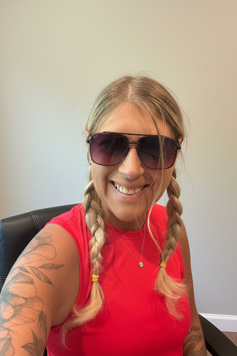 Dallas DAX Eyewear sunglasses in Smokeshow colorway, large frame with UV protection, modeled by Brooke
