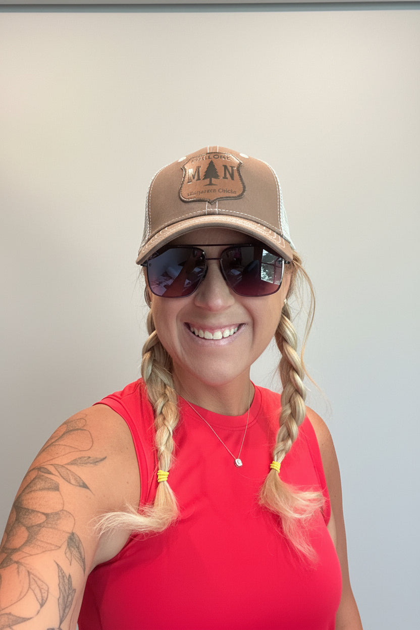 Dallas DAX Eyewear sunglasses in Smokeshow colorway, large frame with UV protection, modeled by Brooke
