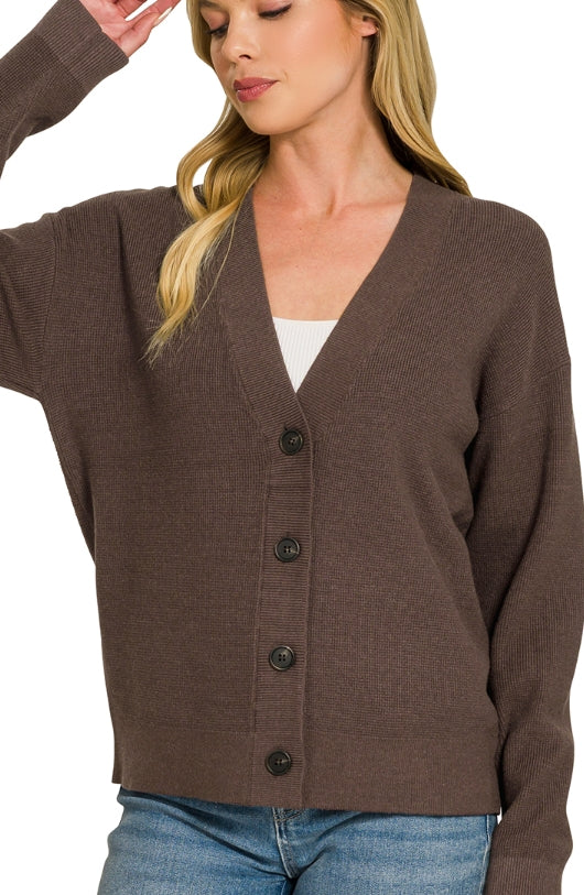 Dark Brown Drop Shoulder Button Front Viscose Cardigan – 2 Generations Boutique