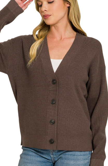 Dark Brown Drop Shoulder Button Front Viscose Cardigan – 2 Generations Boutique