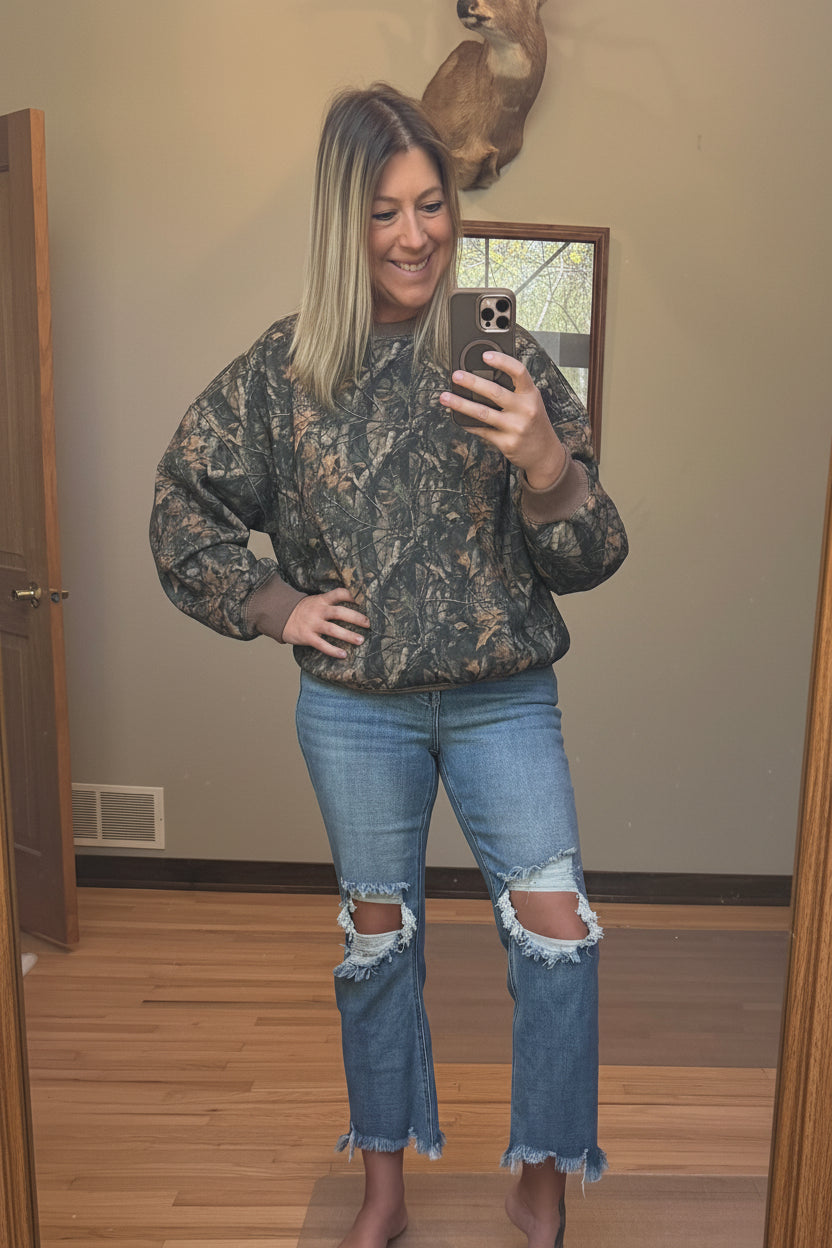 TICTOC Bayou Dark Woodland Camo Lounge Fleece Crew Neck Sweatshirt in Dark Camo | 2 Generations Boutique