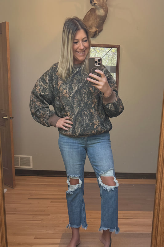 TICTOC Bayou Dark Woodland Camo Lounge Fleece Crew Neck Sweatshirt in Dark Camo | 2 Generations Boutique