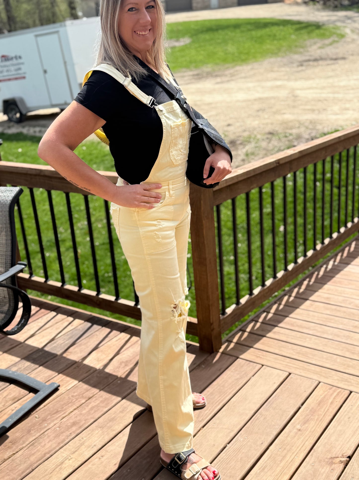 Risen Distressed Denim Wide Leg Overalls