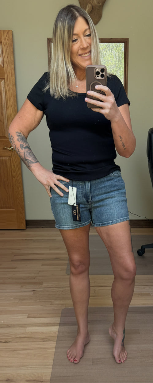 Judy Blue High Waist Slim Denim Shorts in Dark Wash | 2 Generations Boutique
