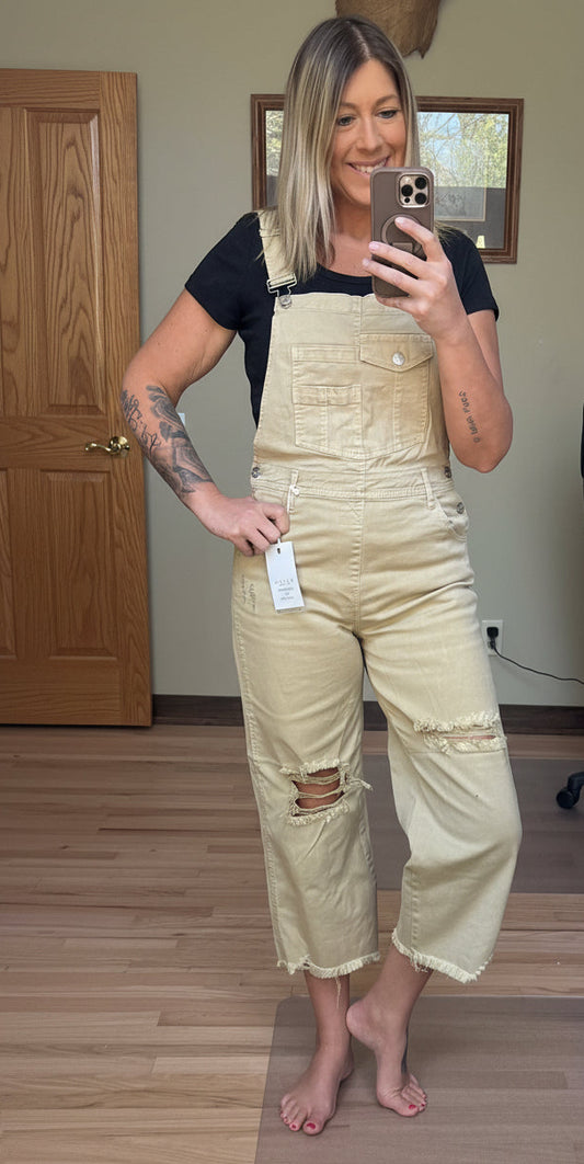 Risen High Rise Distressed Denim Overalls in Beige | 2 Generations 