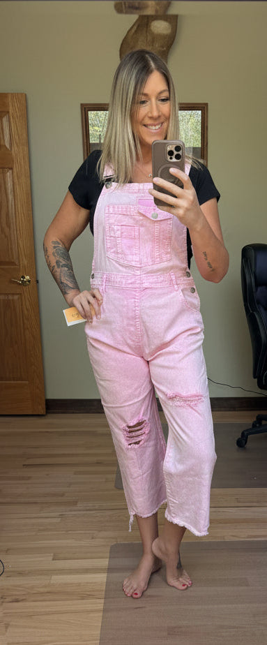 Risen High Rise Distressed Denim Overalls in Acid Pink | 2 Generations Boutique
