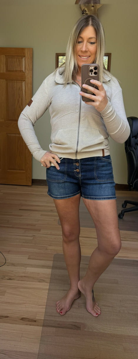 Risen High Rise Denim Patch Pocket Shorts in Dark Wash | 2 Generations Boutique