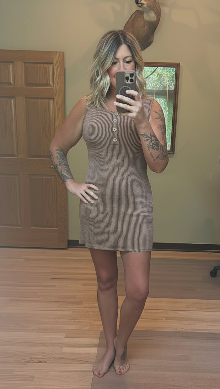 Vanilla Monkey Corded Rib Sleeveless Tank Mini Dress With Pockets in Brown, modeled by Brooke in a Small