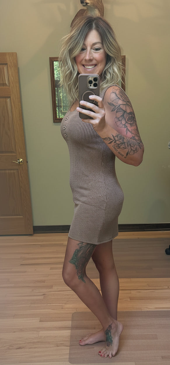 Vanilla Monkey Corded Rib Sleeveless Tank Mini Dress With Pockets in Brown, modeled by Brooke in a Small