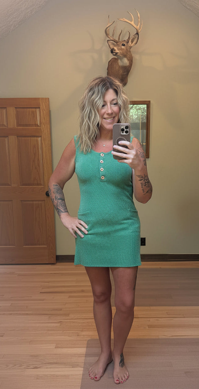 Vanilla Monkey Corded Rib Sleeveless Tank Mini Dress With Pockets in Forest, modeled by Brooke in a Small