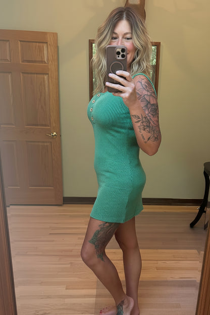 Vanilla Monkey Corded Rib Sleeveless Tank Mini Dress With Pockets in Forest, modeled by Brooke in a Small
