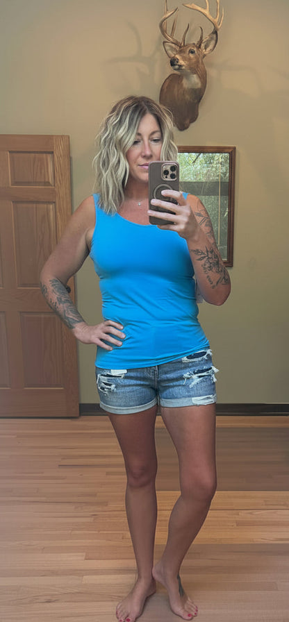 VERVET by Flying Monkey High Rise Patched Double Cuffed Denim Shorts in SOFTLY wash, front view, worn by model