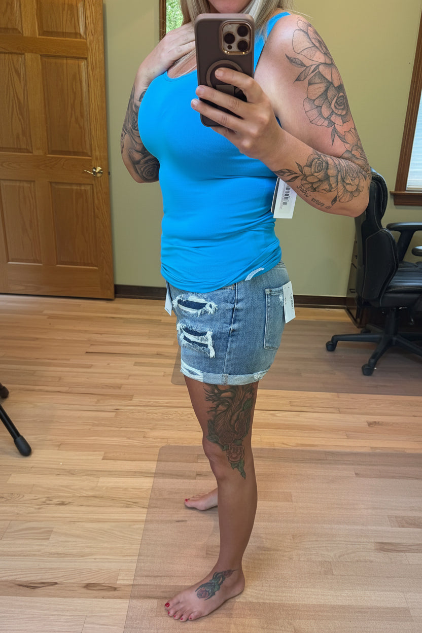 VERVET by Flying Monkey High Rise Patched Double Cuffed Denim Shorts, double cuff hem detail, back view