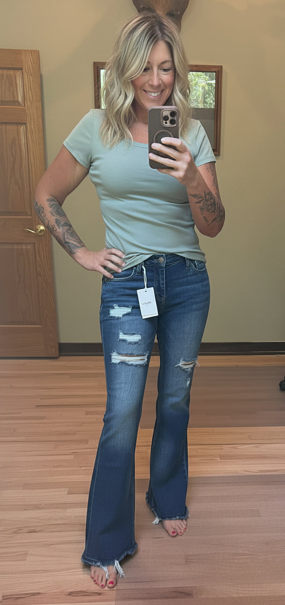 VERVET by Flying Monkey High Rise Distressed Flare Jeans in GIANT STEP wash, front view, modeled by Brooke in a size 26