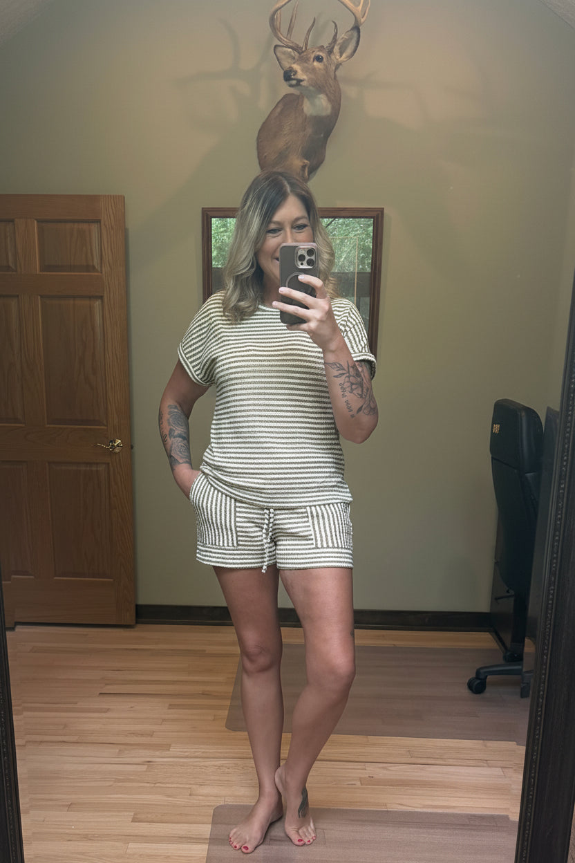 1 the Woman Striped Textured Knit Top and Shorts 2-Piece Set in Brown Stripe - Front View, Model wearing Small