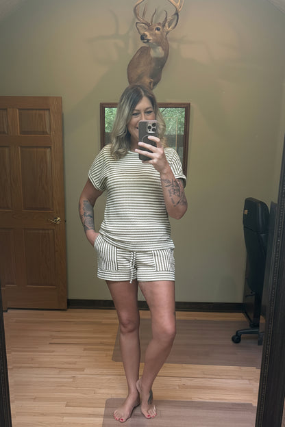 1 the Woman Striped Textured Knit Top and Shorts 2-Piece Set in Brown Stripe - Front View, Model wearing Small