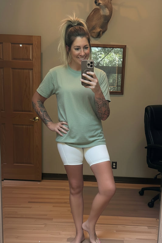 Rae Mode Butter Soft Nylon Biker Shorts in Bone — high-rise fit with side pockets