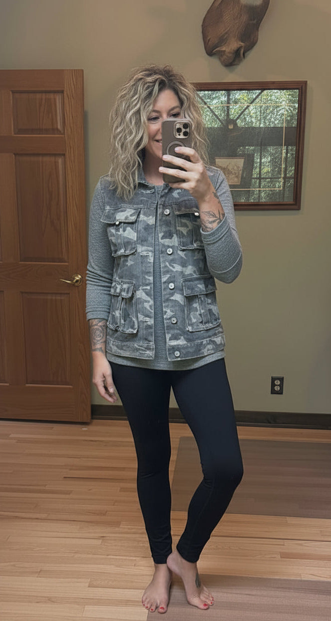 LA Society Camo Cargo Denim Vest in Green – women's sleeveless collared vest with cargo details, sizes S–XL
