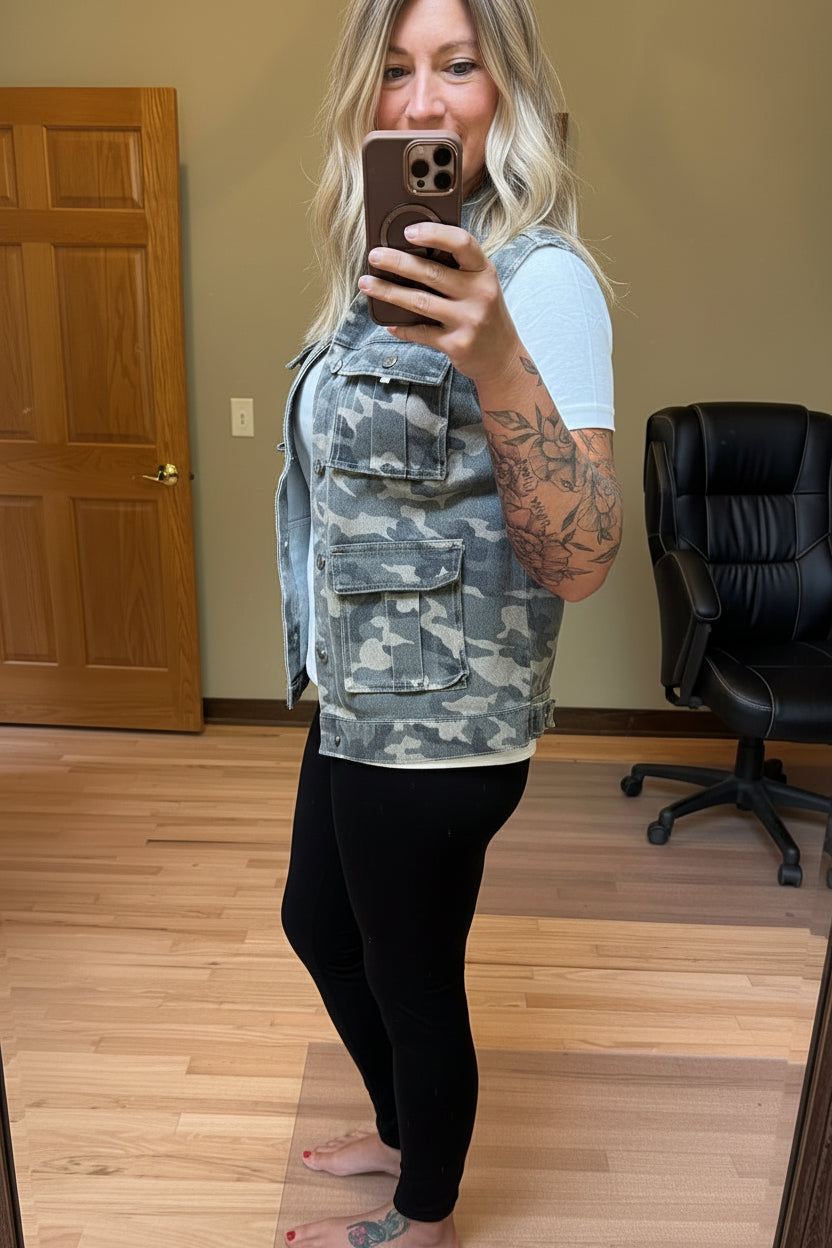 LA Society Camo Cargo Denim Vest in Green – women's sleeveless collared vest with cargo details, sizes S–XL