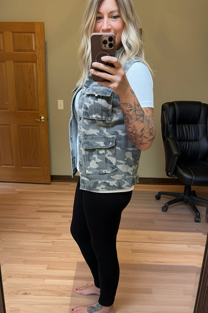 LA Society Camo Cargo Denim Vest in Green – women's sleeveless collared vest with cargo details, sizes S–XL