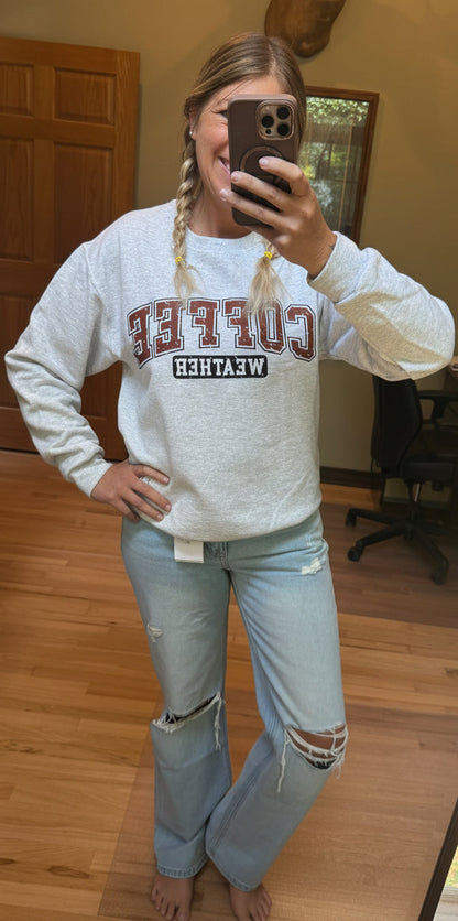 Bob & Keek Coffee Weather Sweatshirt in Ash Grey paired with distressed light wash jeans — cozy vintage crewneck sweatshirt
