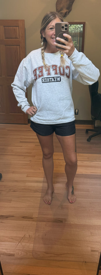 Bob & Keek Coffee Weather Sweatshirt in Ash Grey styled with black shorts — women's crewneck sweatshirt with vintage graphic