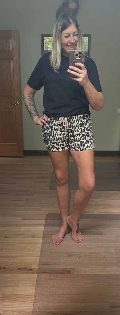 Leopard Print Elastic Waist Mid Rise Denim Shorts in Brown | 2 Generations 