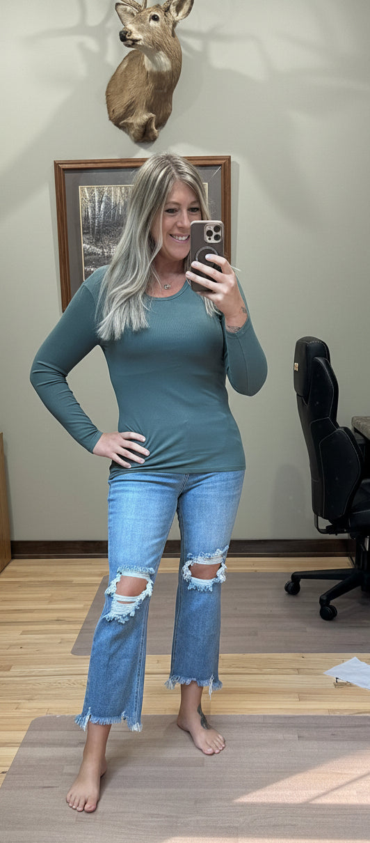 Olive ribbed long sleeve top - fitted crew neck layering top
