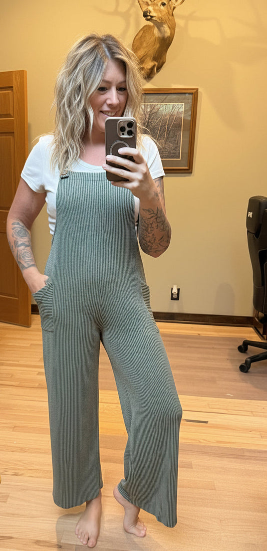 7th Ray Rib Knit Wide Leg Overall Jumpsuit in Olive | 2 Generations Boutique

