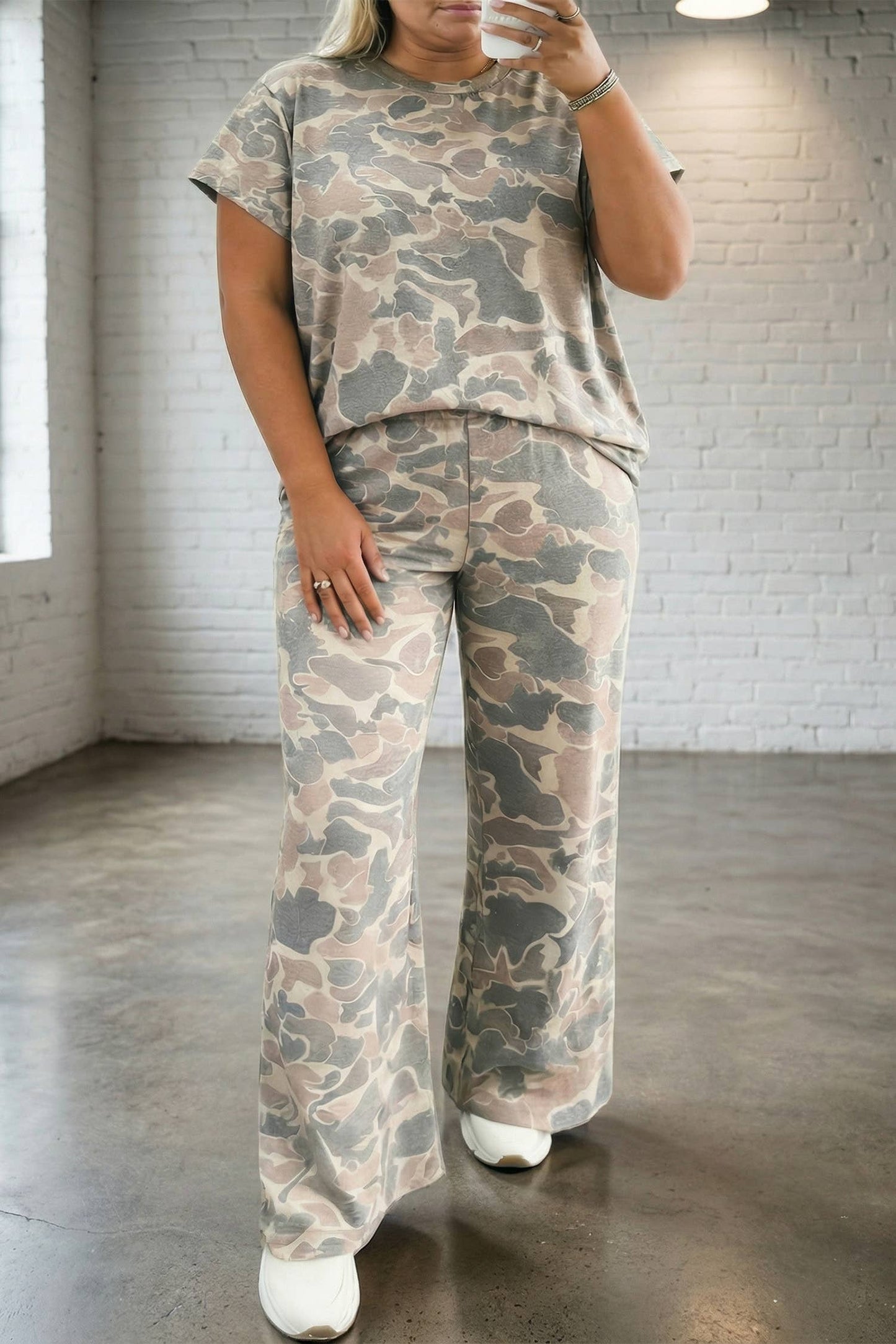 Plus Size High Waist Camouflage Two-Piece Pants Set - Front View | 2 Generations Boutique