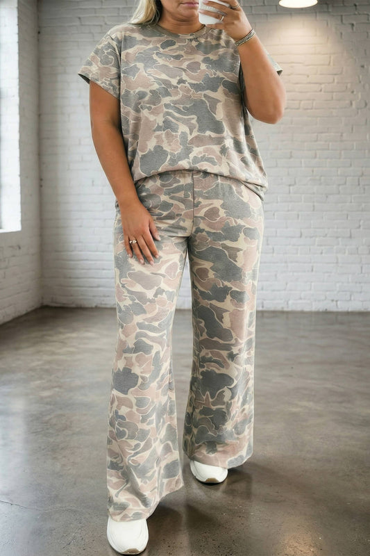 Plus Size High Waist Camouflage Two-Piece Pants Set - Front View | 2 Generations Boutique