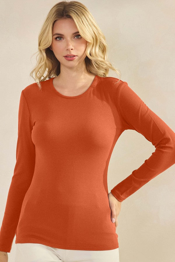 Rust ribbed long sleeve top - fitted crew neck layering top
