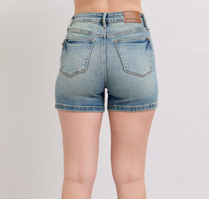 Judy Blue V Front Vintage Wash Denim Shorts, stretchy blend, flattering V-front design