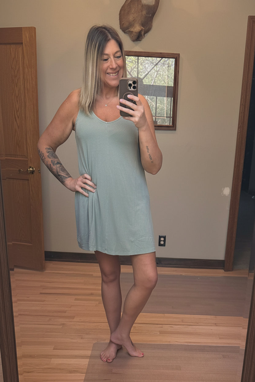 Be Cool Ribbed V-Neck Knit Mini Dress in Sage
