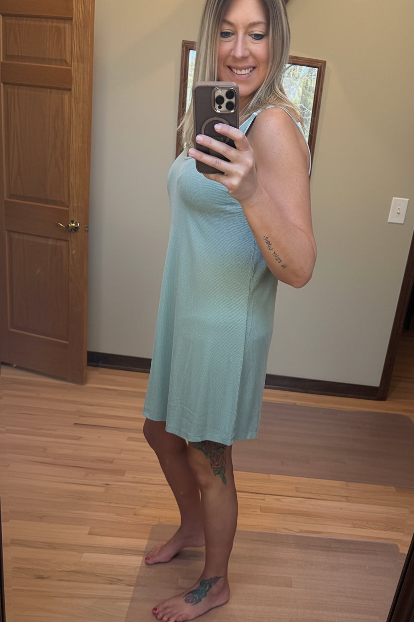 Be Cool Ribbed V-Neck Knit Mini Dress in Sage